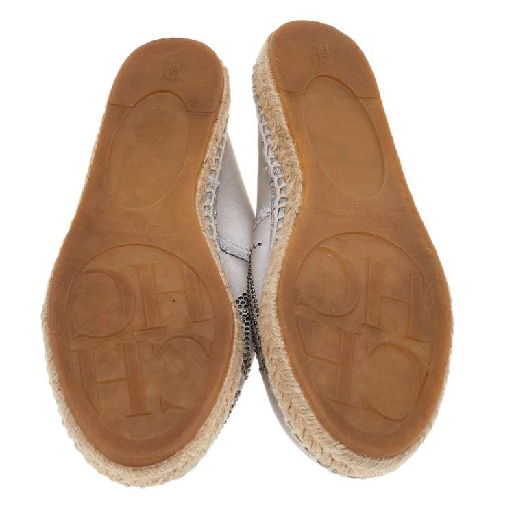 Pre Owned CH Carolina Herrera Silver Satin Embellished Espadrille Flats Size 36
