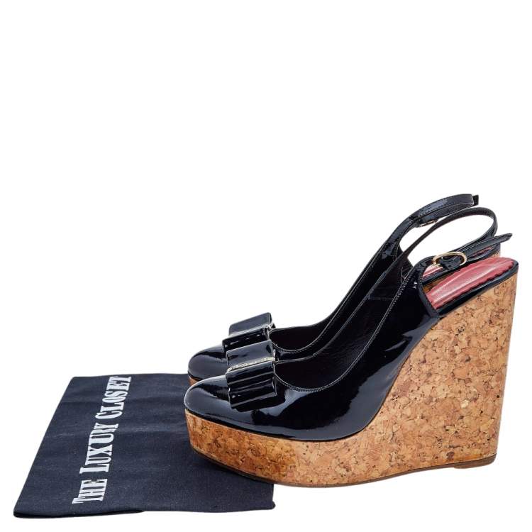 Pre Owned CH Carolina Herrera Black Patent Leather Cork Wedge Platform Slingback Sandals Size 38