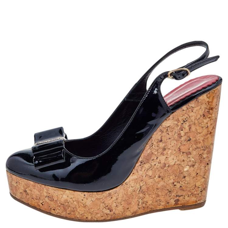 Pre Owned CH Carolina Herrera Black Patent Leather Cork Wedge Platform Slingback Sandals Size 38