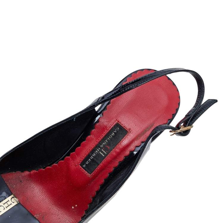 Pre Owned CH Carolina Herrera Black Patent Leather Cork Wedge Platform Slingback Sandals Size 38