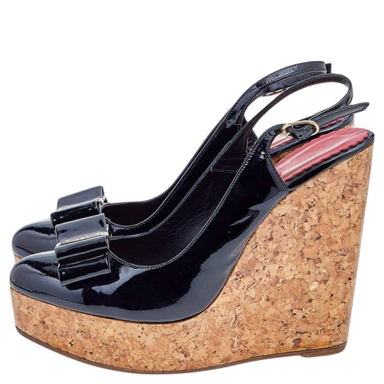 Pre Owned CH Carolina Herrera Black Patent Leather Cork Wedge Platform Slingback Sandals Size 38