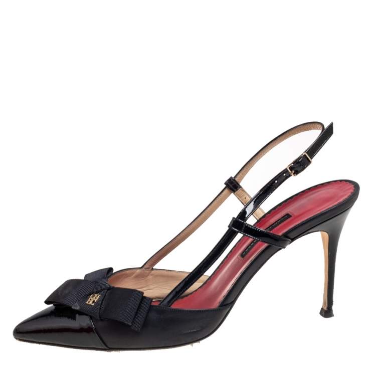 Pre Owned Carolina Herrera Black Leather Bow Detail Pointed-Toe Slingback Sandals Size 40
