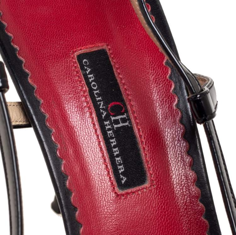 Pre Owned Carolina Herrera Black Leather Bow Detail Pointed-Toe Slingback Sandals Size 40