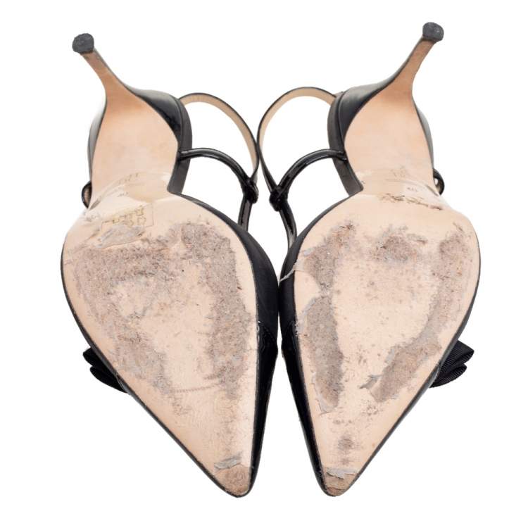 Pre Owned Carolina Herrera Black Leather Bow Detail Pointed-Toe Slingback Sandals Size 40
