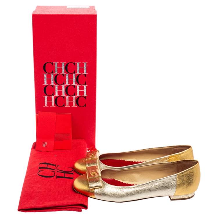 Pre Owned CH Carolina Herrera Gold Metallic Leather Bow Ballet Flats Size 37