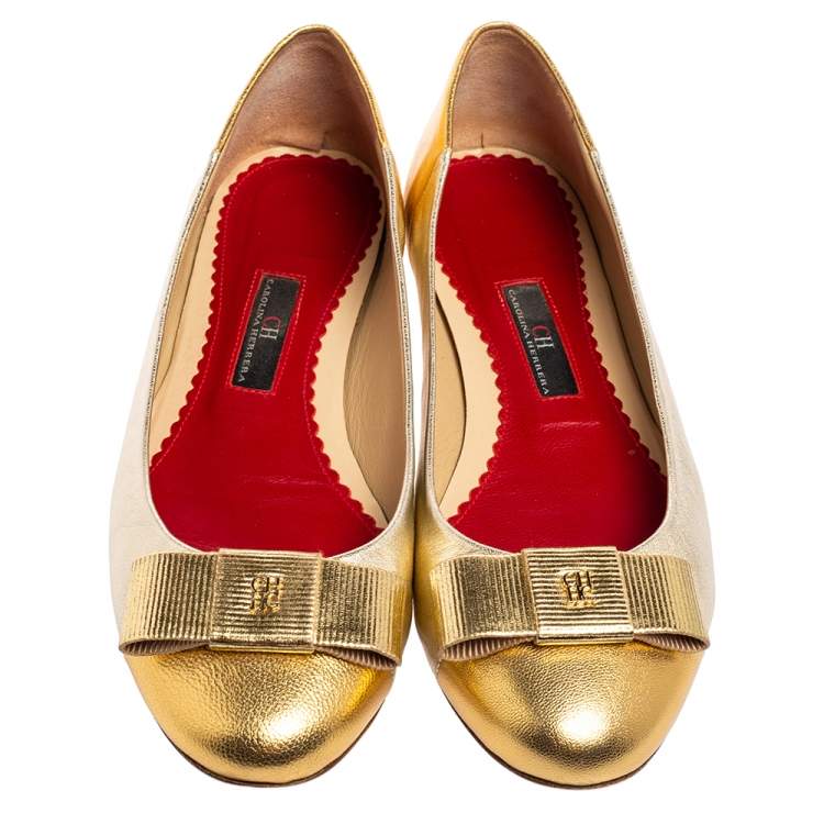 Pre Owned CH Carolina Herrera Gold Metallic Leather Bow Ballet Flats Size 37