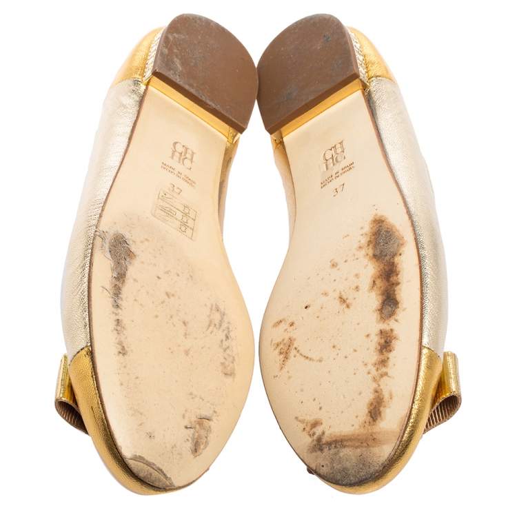 Pre Owned CH Carolina Herrera Gold Metallic Leather Bow Ballet Flats Size 37