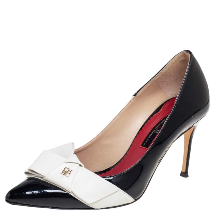Pre Owned CH Carolina Herrera Black/White Patent And Leather Bow Pumps Size 37