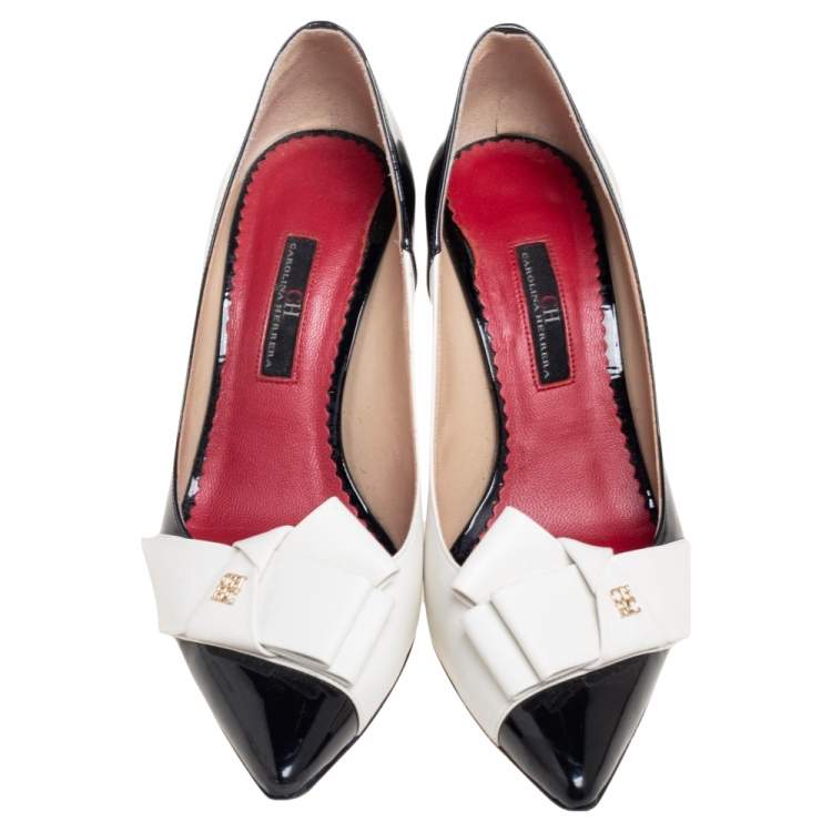 Pre Owned CH Carolina Herrera Black/White Patent And Leather Bow Pumps Size 37