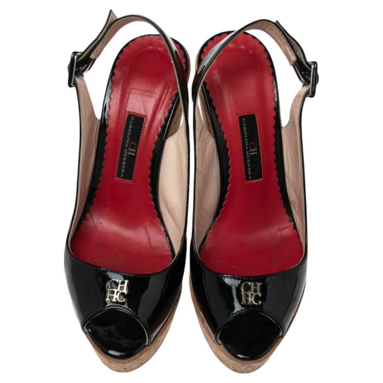 Pre Owned CH Carolina Herrera Black Patent Leather Cork Wedge Platform Slingback Sandals Size 37