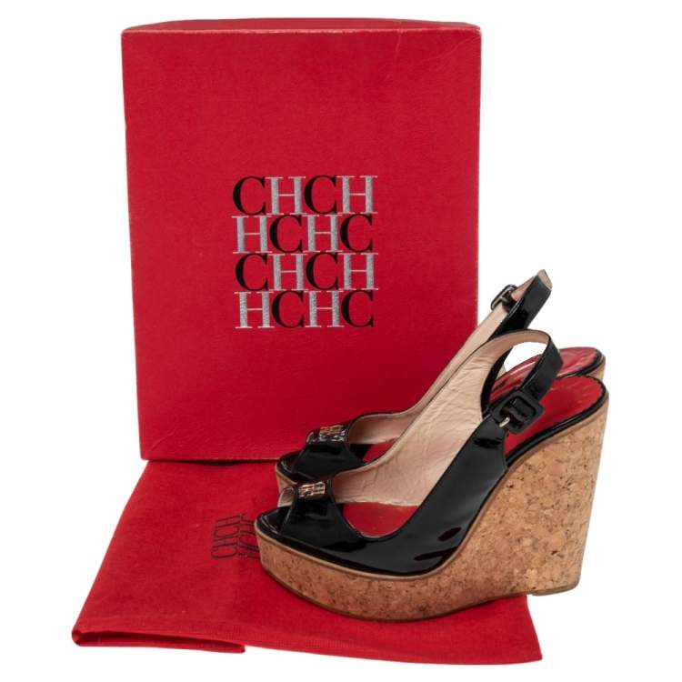 Pre Owned CH Carolina Herrera Black Patent Leather Cork Wedge Platform Slingback Sandals Size 37