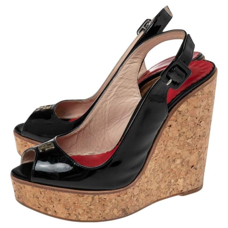 Pre Owned CH Carolina Herrera Black Patent Leather Cork Wedge Platform Slingback Sandals Size 37