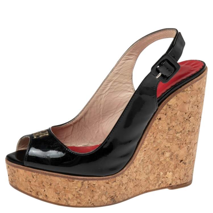 Pre Owned CH Carolina Herrera Black Patent Leather Cork Wedge Platform Slingback Sandals Size 37