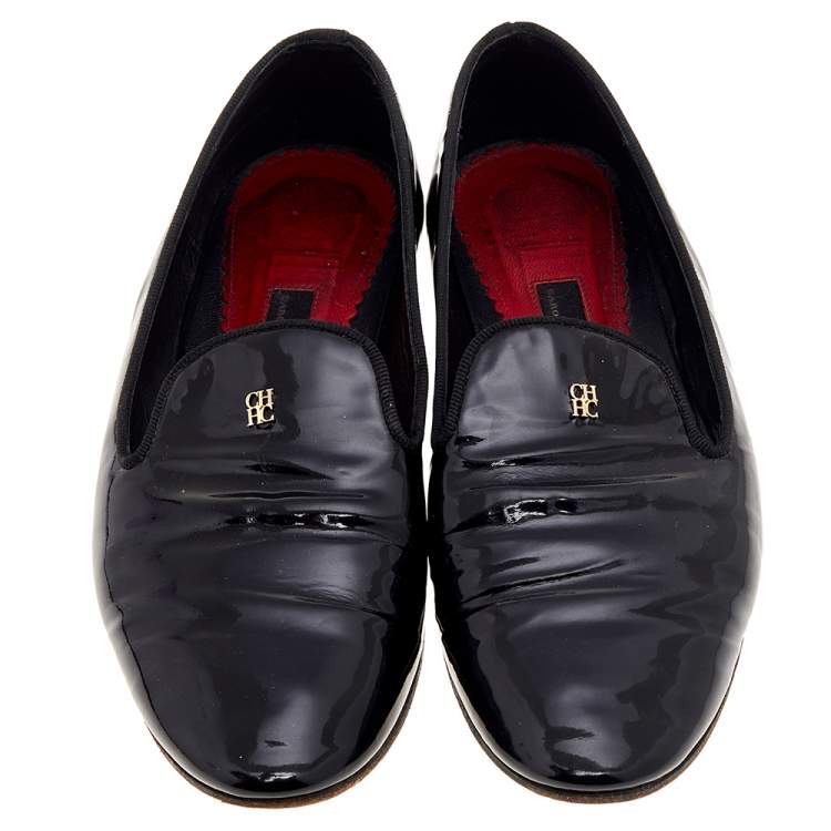Pre Owned CH Carolina Herrera Black Patent Leather Smoking Loafers Size 37