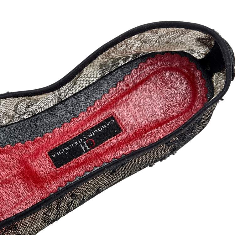 Pre Owned CH Carolina Herrera Black Lace Bow Ballet Flats Size 40