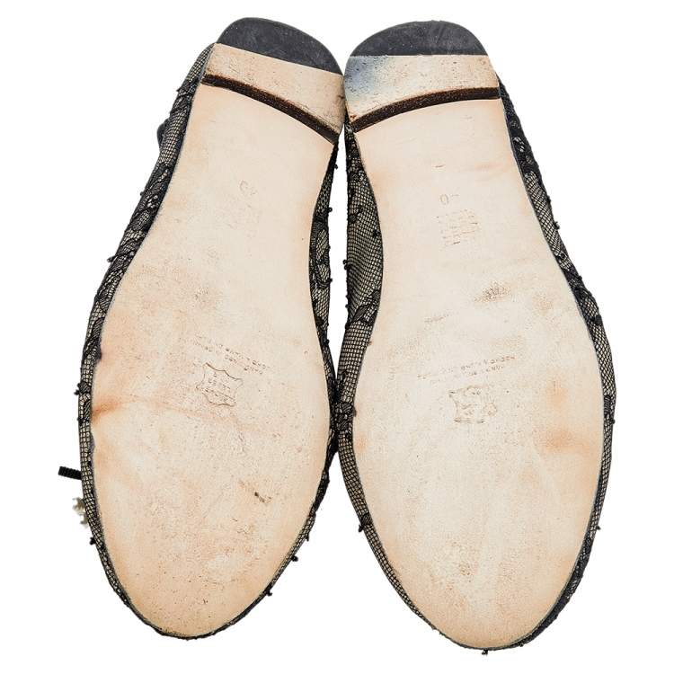 Pre Owned CH Carolina Herrera Black Lace Bow Ballet Flats Size 40
