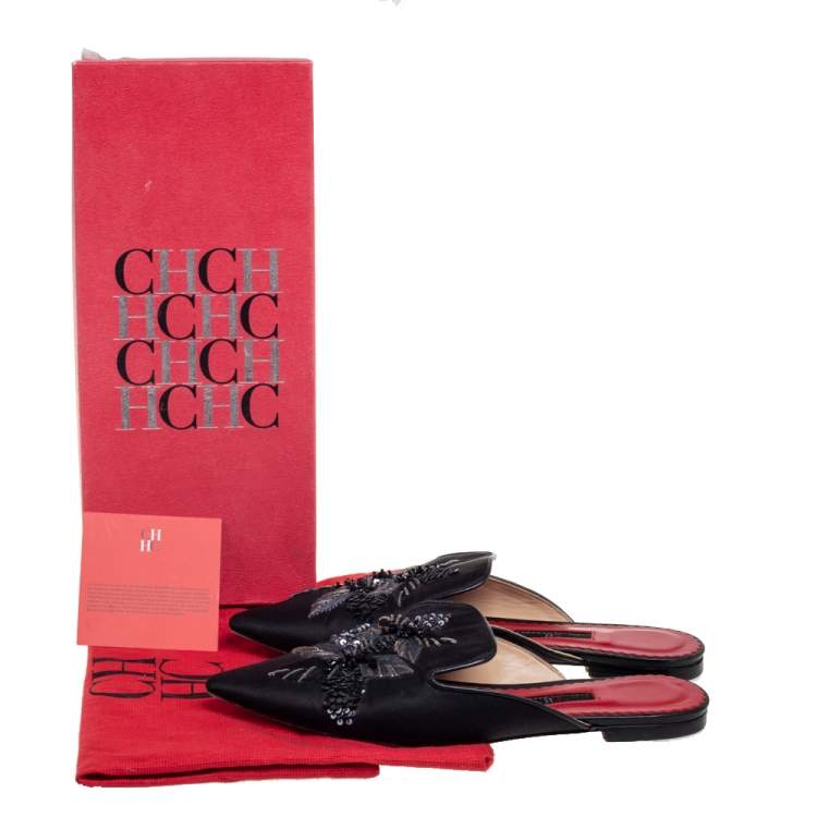 Pre Owned CH Carolina Herrera Black Satin Embellished Flat Mule Sandals Size 38