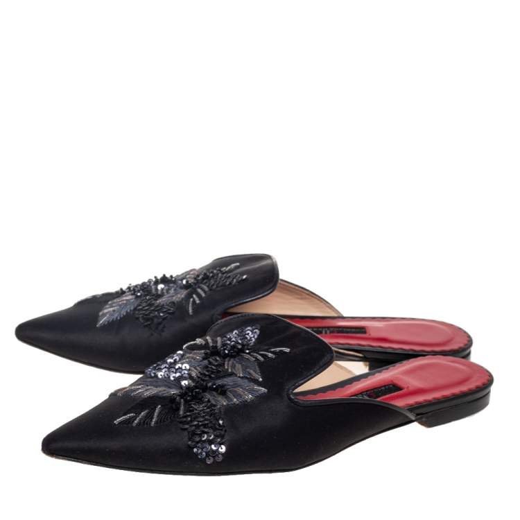 Pre Owned CH Carolina Herrera Black Satin Embellished Flat Mule Sandals Size 38