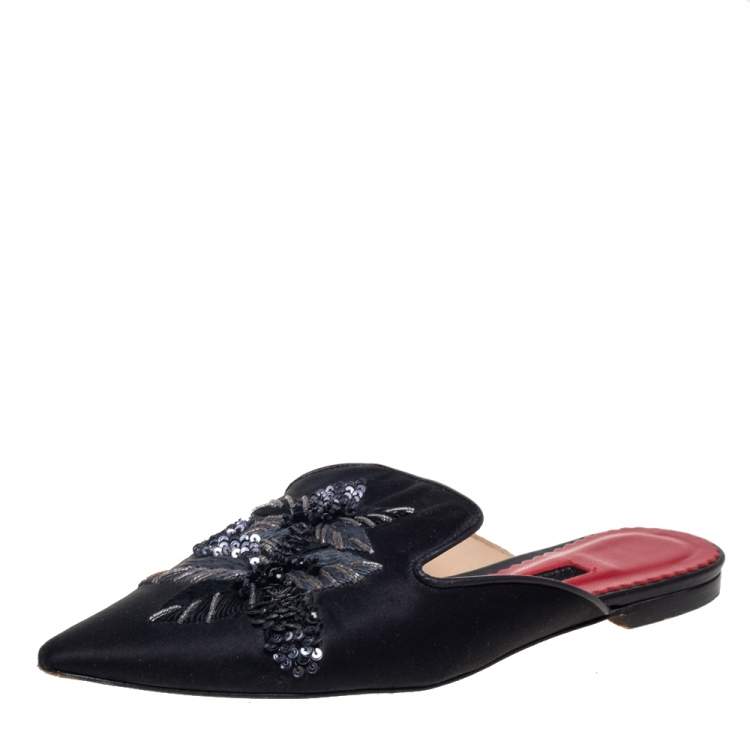 Pre Owned CH Carolina Herrera Black Satin Embellished Flat Mule Sandals Size 38