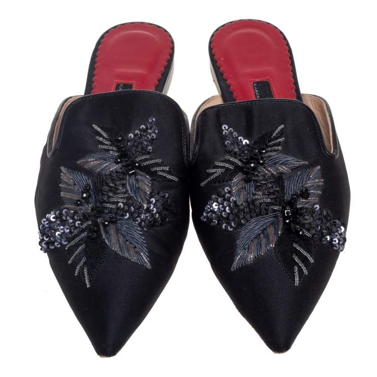 Pre Owned CH Carolina Herrera Black Satin Embellished Flat Mule Sandals Size 38