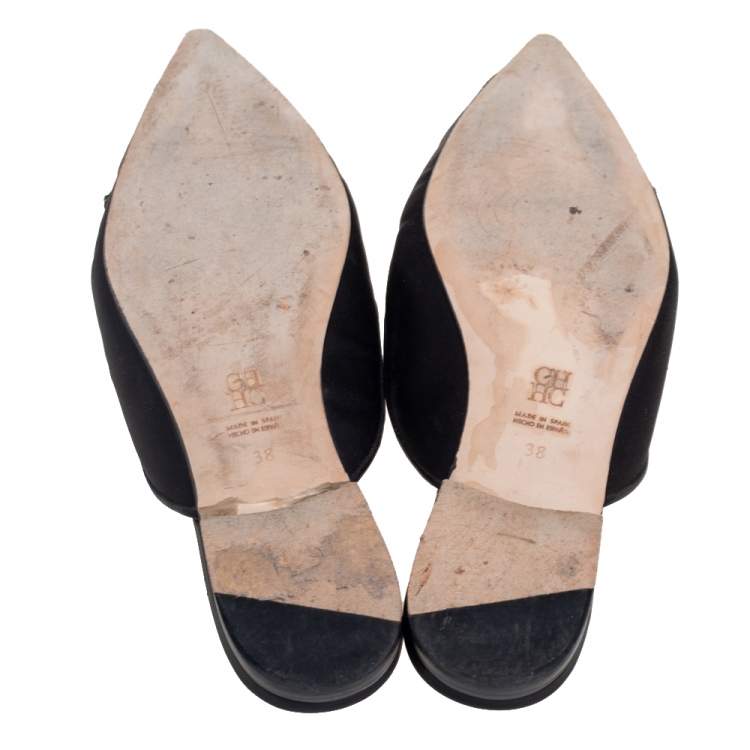 Pre Owned CH Carolina Herrera Black Satin Embellished Flat Mule Sandals Size 38