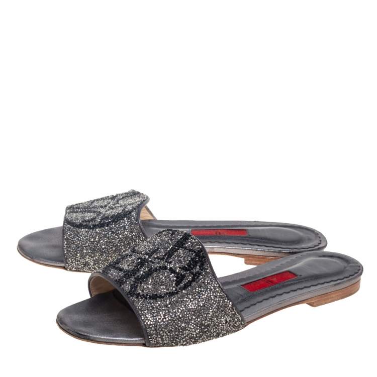 Pre Owned CH Carolina Herrera Grey/Black Crystal Embellished Leather Flat Slides Size 38