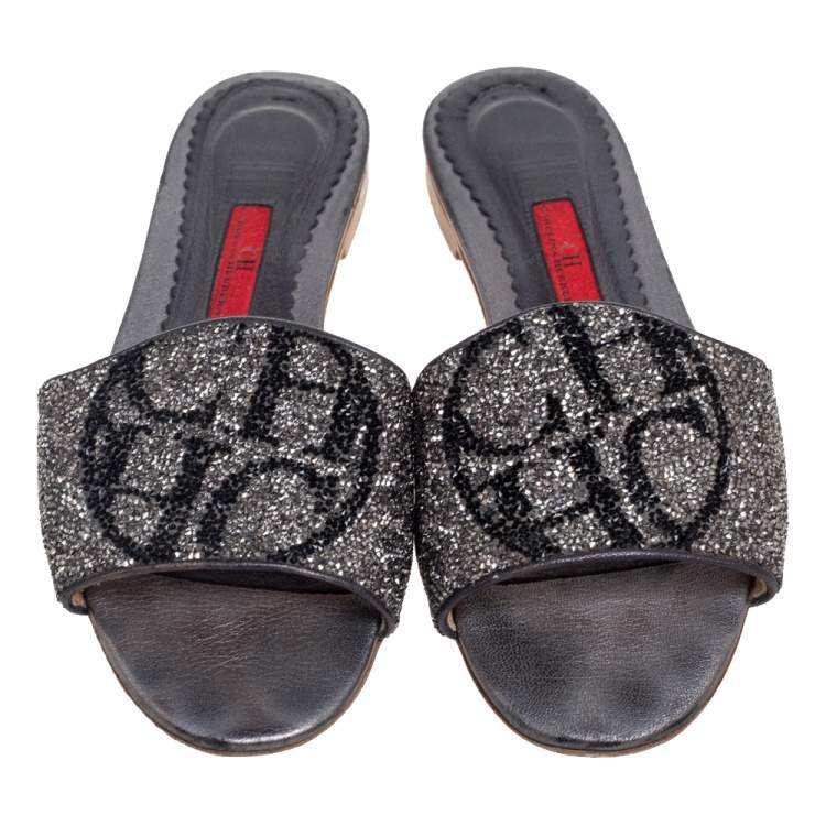 Pre Owned CH Carolina Herrera Grey/Black Crystal Embellished Leather Flat Slides Size 38