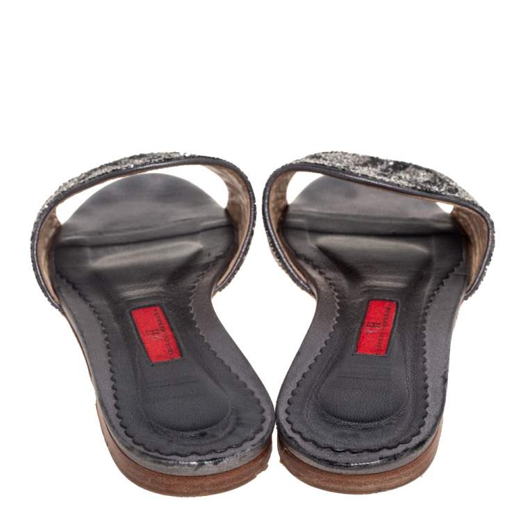 Pre Owned CH Carolina Herrera Grey/Black Crystal Embellished Leather Flat Slides Size 38