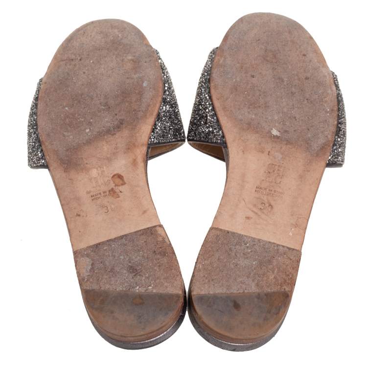 Pre Owned CH Carolina Herrera Grey/Black Crystal Embellished Leather Flat Slides Size 38