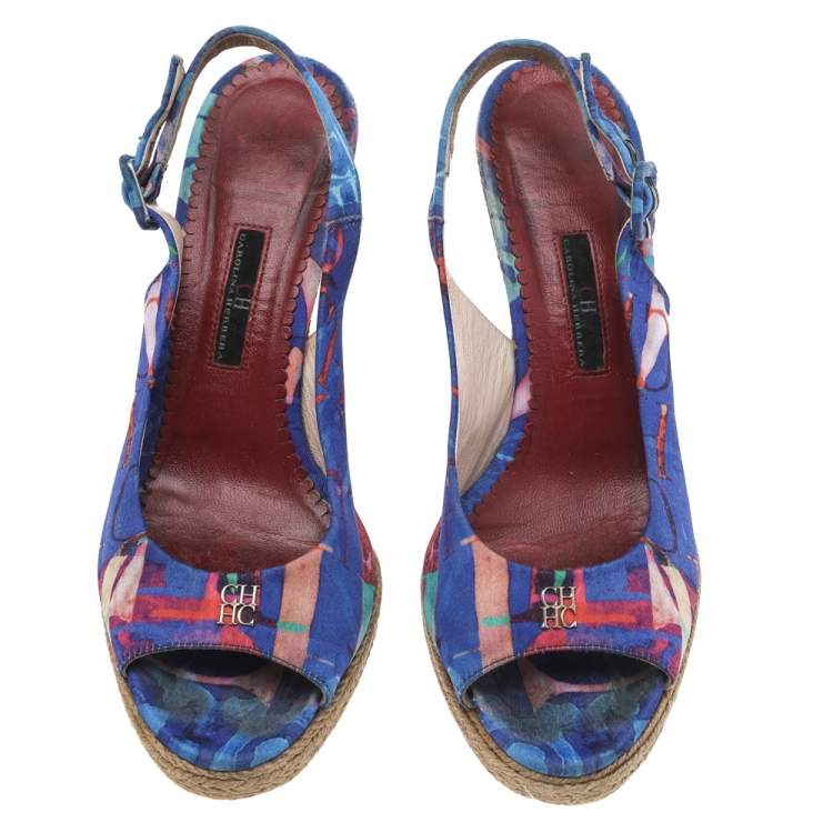 Pre Owned CH Carolina Herrera Blue Printed Fabric Cork Wedge Peep Toe Slingback Sandals Size 39
