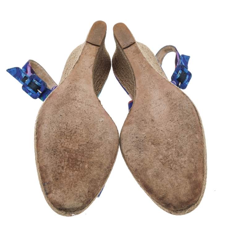 Pre Owned CH Carolina Herrera Blue Printed Fabric Cork Wedge Peep Toe Slingback Sandals Size 39