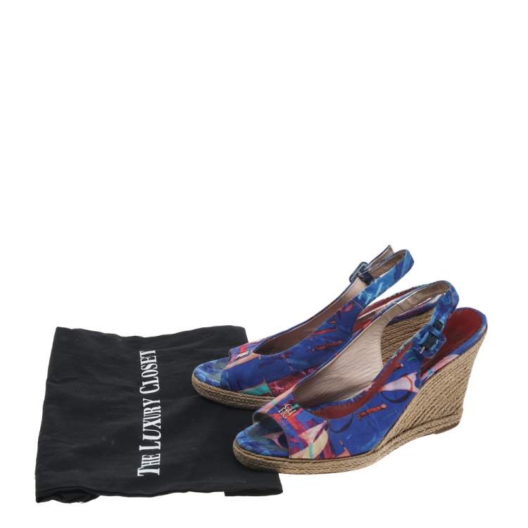 Pre Owned CH Carolina Herrera Blue Printed Fabric Cork Wedge Peep Toe Slingback Sandals Size 39
