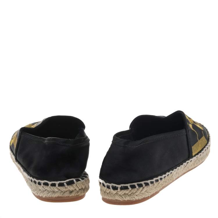 Pre Owned CH Carolina Herrera Black/Gold Logo Embroidered Satin Espadrille Flats Size 36