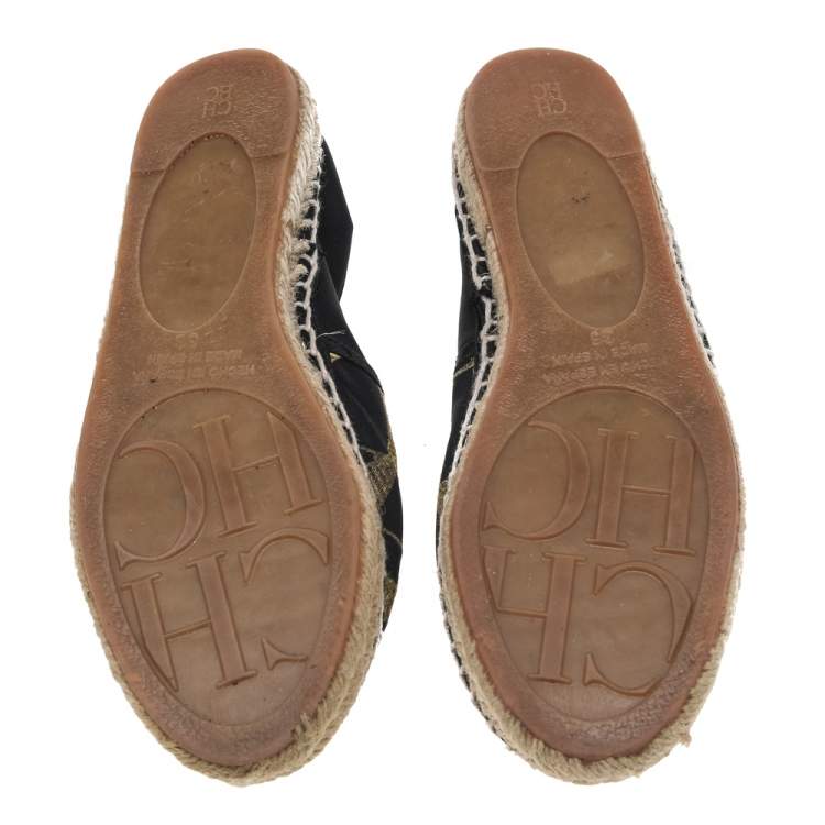 Pre Owned CH Carolina Herrera Black/Gold Logo Embroidered Satin Espadrille Flats Size 36