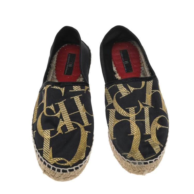 Pre Owned CH Carolina Herrera Black/Gold Logo Embroidered Satin Espadrille Flats Size 36