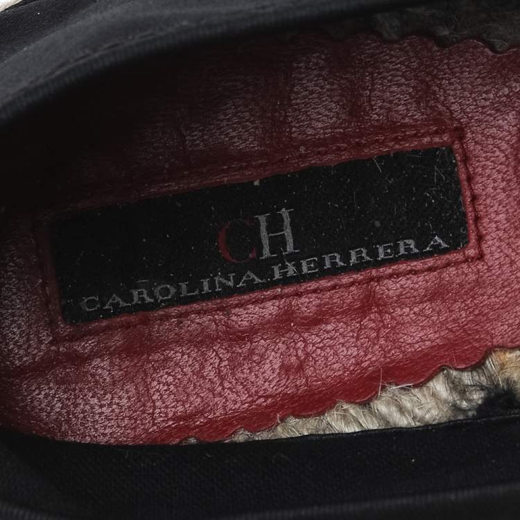 Pre Owned CH Carolina Herrera Black/Gold Logo Embroidered Satin Espadrille Flats Size 36