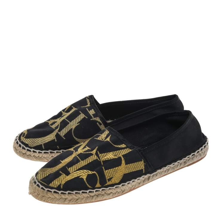 Pre Owned CH Carolina Herrera Black/Gold Logo Embroidered Satin Espadrille Flats Size 36