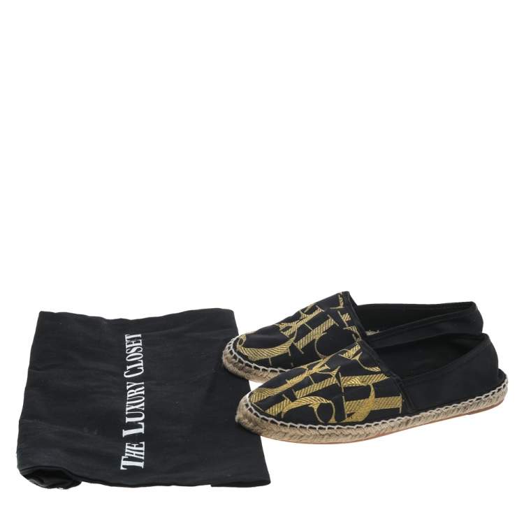 Pre Owned CH Carolina Herrera Black/Gold Logo Embroidered Satin Espadrille Flats Size 36