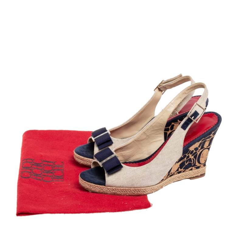 Pre Owned Carolina Herrera Beige Canvas Cork Wedge Platform Slingback Sandals Size 38