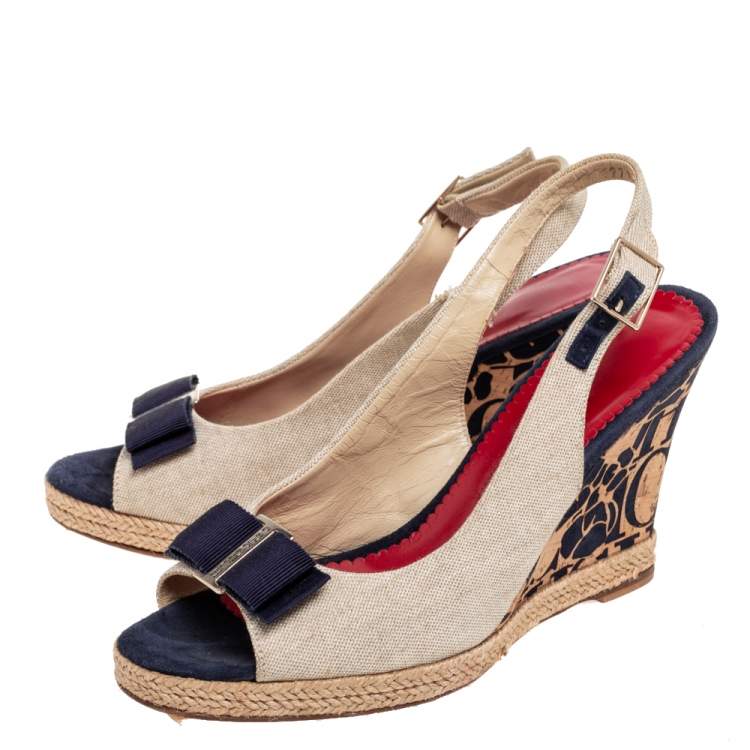 Pre Owned Carolina Herrera Beige Canvas Cork Wedge Platform Slingback Sandals Size 38