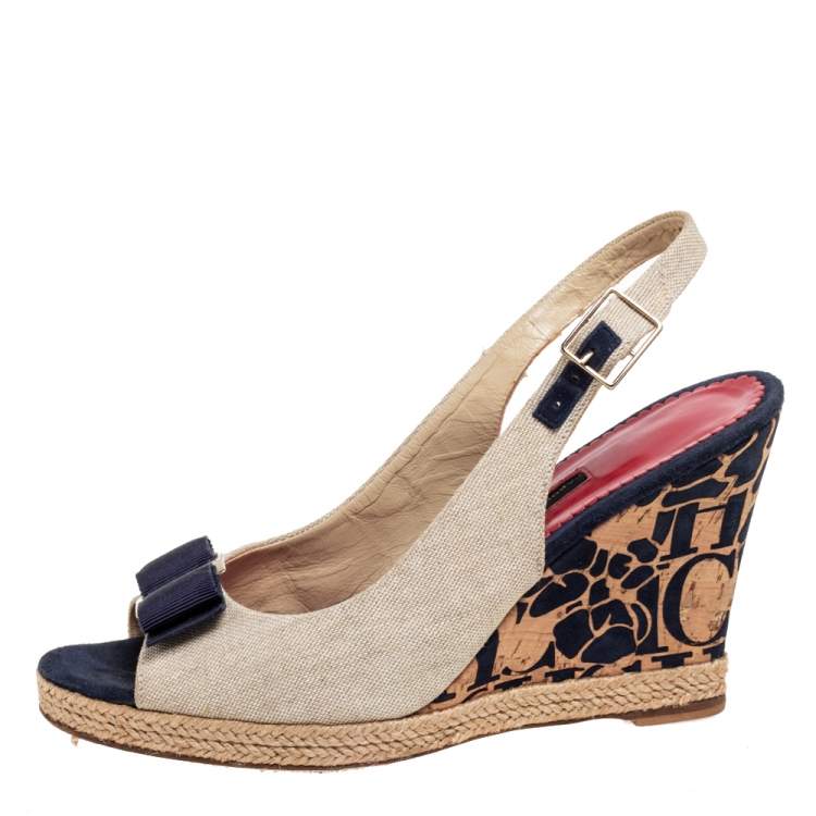 Pre Owned Carolina Herrera Beige Canvas Cork Wedge Platform Slingback Sandals Size 38