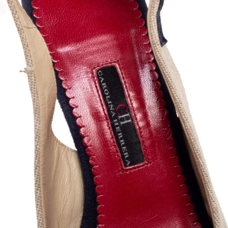 Pre Owned Carolina Herrera Beige Canvas Cork Wedge Platform Slingback Sandals Size 38