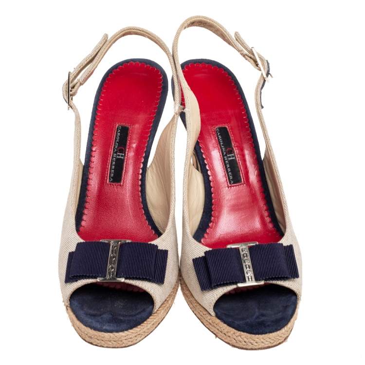 Pre Owned Carolina Herrera Beige Canvas Cork Wedge Platform Slingback Sandals Size 38