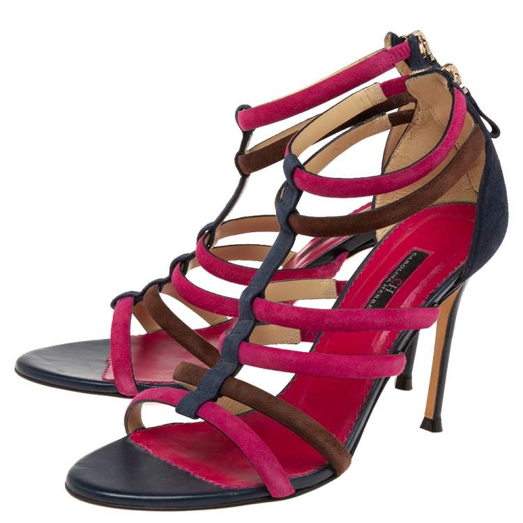 Pre Owned CH Caroline Herrera Multicolor Suede Ankle Strap Sandals Size 38
