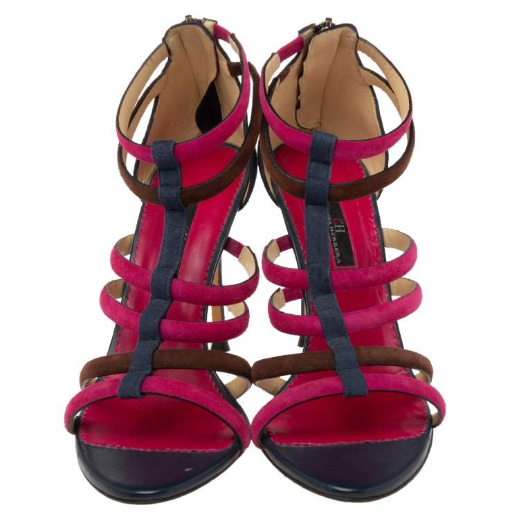 Pre Owned CH Caroline Herrera Multicolor Suede Ankle Strap Sandals Size 38