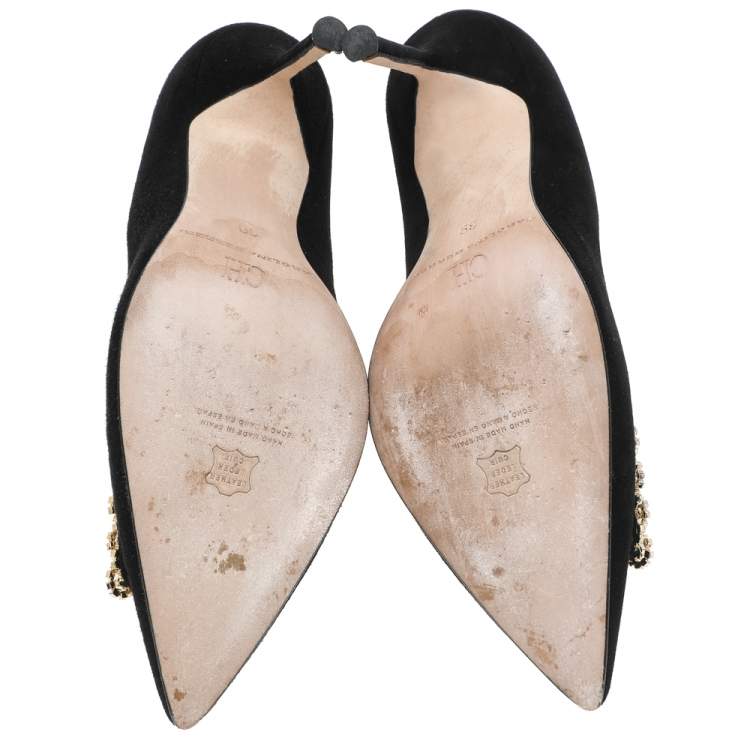 Pre Owned Carolina Herrera Black Suede Crystal Embellished Pointed Toe Pumps Size 39