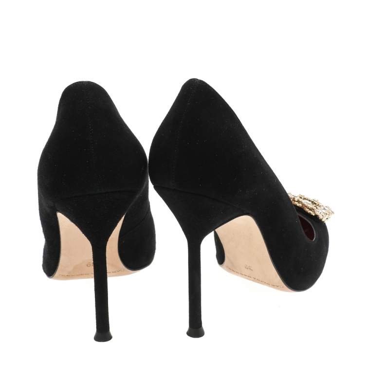 Pre Owned Carolina Herrera Black Suede Crystal Embellished Pointed Toe Pumps Size 39