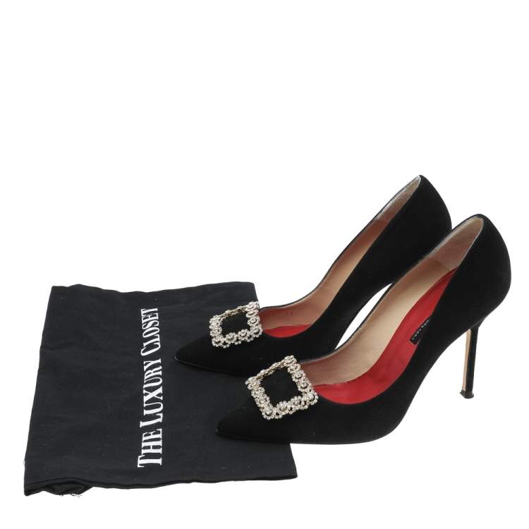 Pre Owned Carolina Herrera Black Suede Crystal Embellished Pointed Toe Pumps Size 39