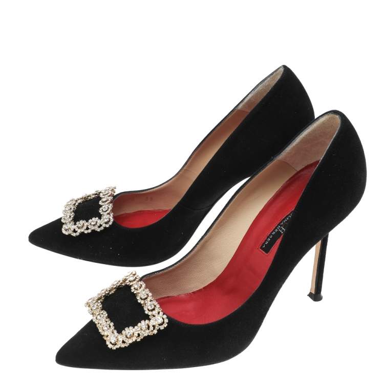 Pre Owned Carolina Herrera Black Suede Crystal Embellished Pointed Toe Pumps Size 39
