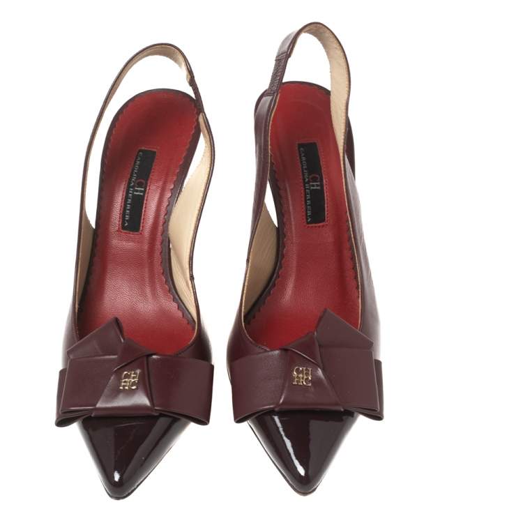 Pre Owned CH Carolina Herrera Burgundy Leather Bow Detail Pointed-Toe Slingback Sandals Size 36